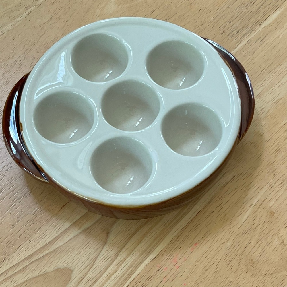 Vintage Hall 1154 Brown White Ceramic 6 Well Escargot Baker Egg Coddler Dish USA